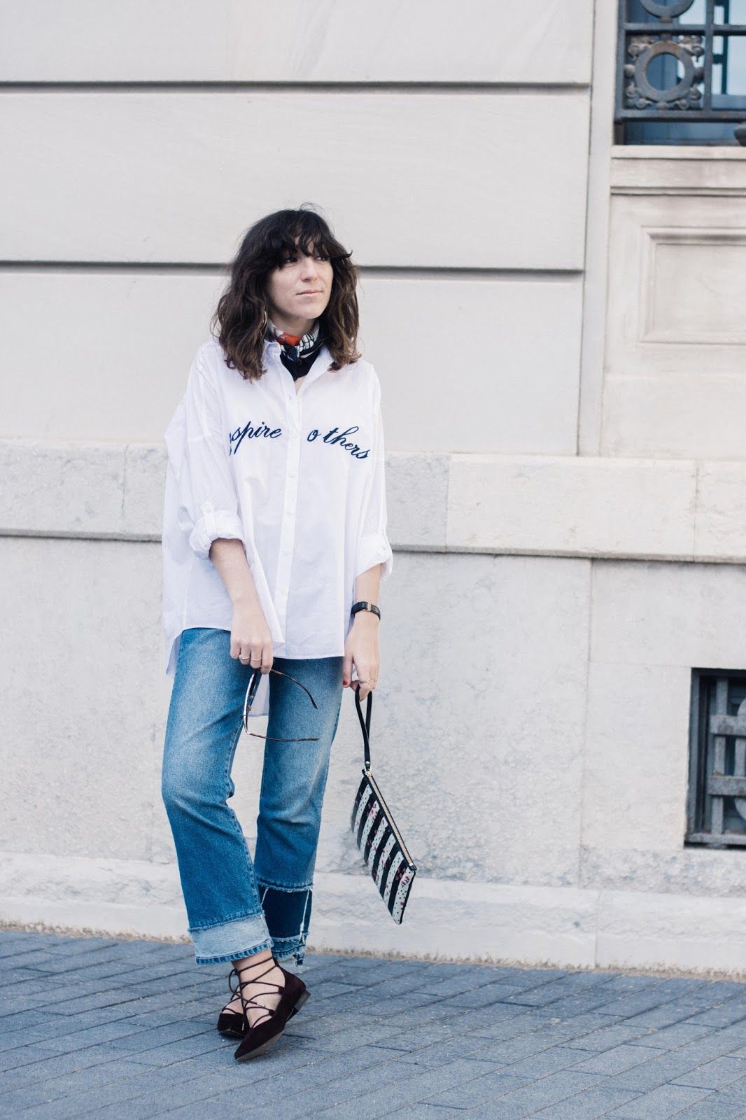 camisa Zara, flared jeans, lace up flats & Other Stories